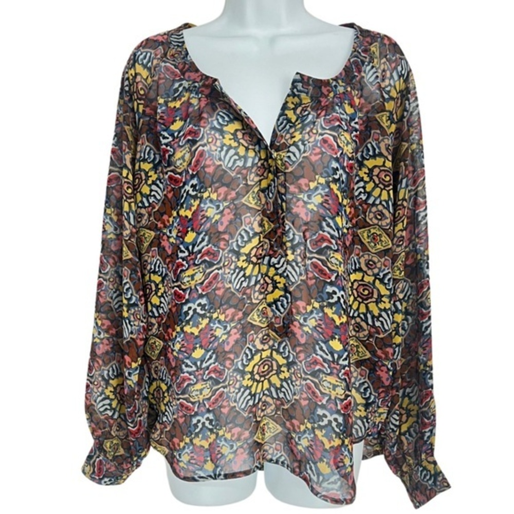 Patterson J Kincaid Floral Tie Neck Blouse XS Sheer Boho Romantic Long Sleeve